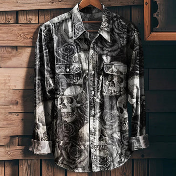 Men's Vintage Black And White Skull and Rose Pattern Workwear Pocket Long Sleeve Shirt