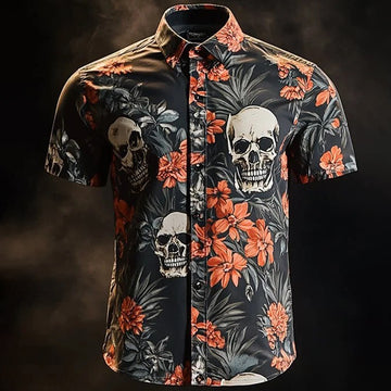 Men's Vintage Skull and Floral Short Sleeve Shirt