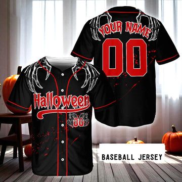 Skeleton Hand Halloween Baseball Jersey, Custom Name Number Bloody Red Black Jersey, Spooky Horror Costume Shirt,Halloween Jersey Shirt