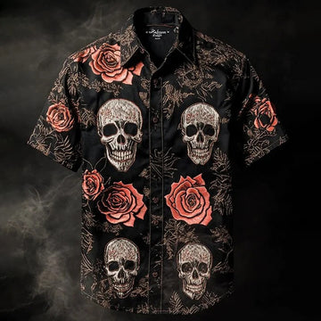 Men's Vintage Skull and Floral Short Sleeve Shirt