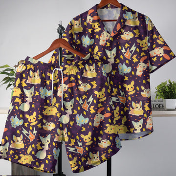 Pikachu Hawaiian Shirt Tropical Button Up Shirt Chibi Summer Pachirisu Hawaiian Shirt Tropical Hawaii Set Pikachu Shirt Gifts