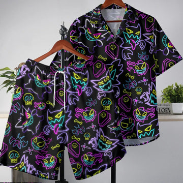 Gengar Hawaiian Shirt Tropical Button Up Shirt Summer Hawaiian Short Unisex Hawaii Set Neon Gengar Shirt Gifts