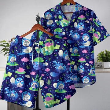 Poliwag Hawaiian Shirt Tropical Button Up Shirt Cute Politoed Hawaii Shirt Summer Hawaiian Short Tropical Hawaii Set Poliwag Shirt Gifts