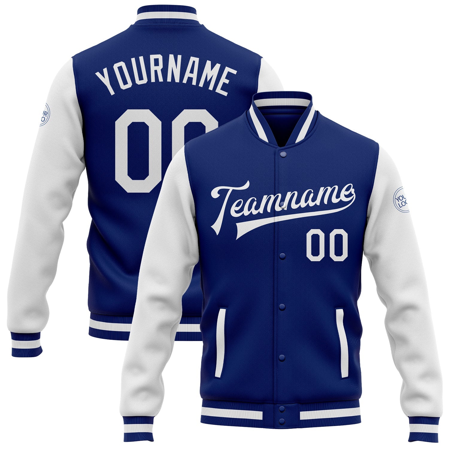 CUSTOM ROYAL WHITE BOMBER FULL-SNAP VARSITY LETTERMAN TWO TONE JACKET