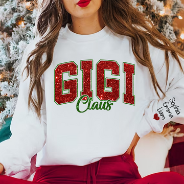 Glitter Gigi Claus Christmas Sweatshirt With Grandkids, Custom Glitter Grandma Nickname Sweatshirt Hoodie