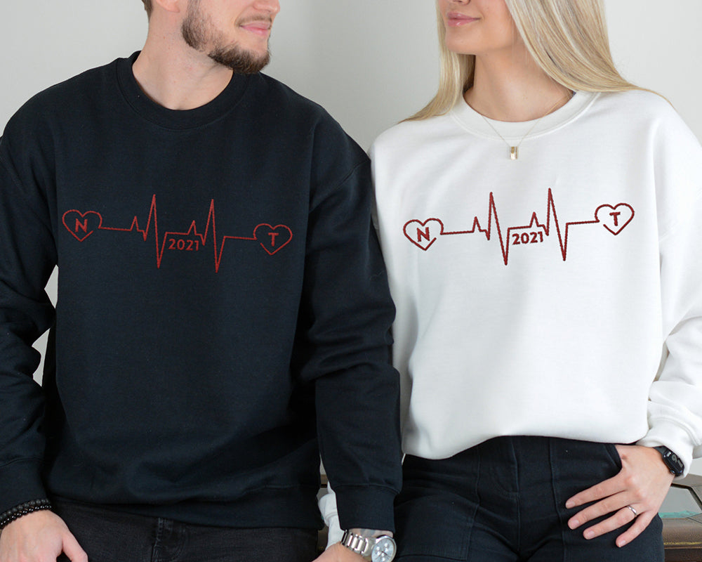Custom Embroidered Heartbeat Sweatshirt with Initials and Year