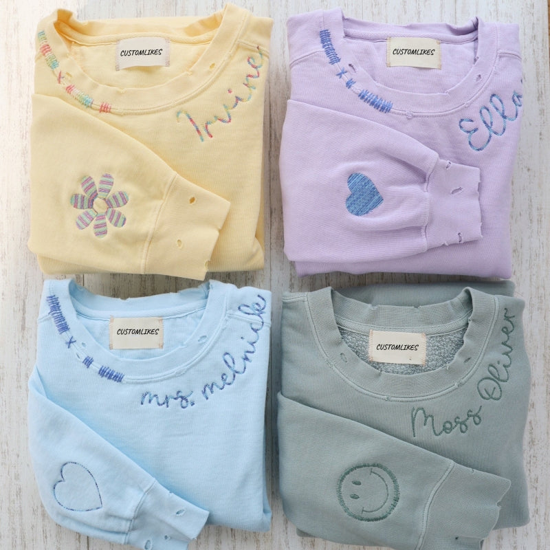 Vintage Custom- Personalized Embroidered Hand Distressed Crew Neck Sweatshirt