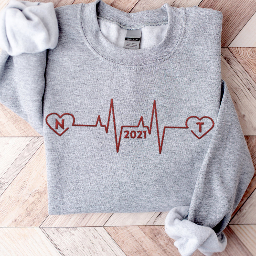 Custom Embroidered Heartbeat Sweatshirt with Initials and Year