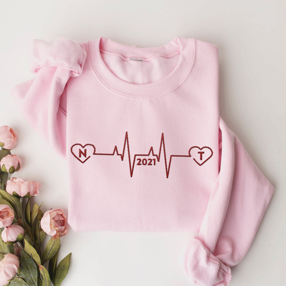 Custom Embroidered Heartbeat Sweatshirt with Initials and Year