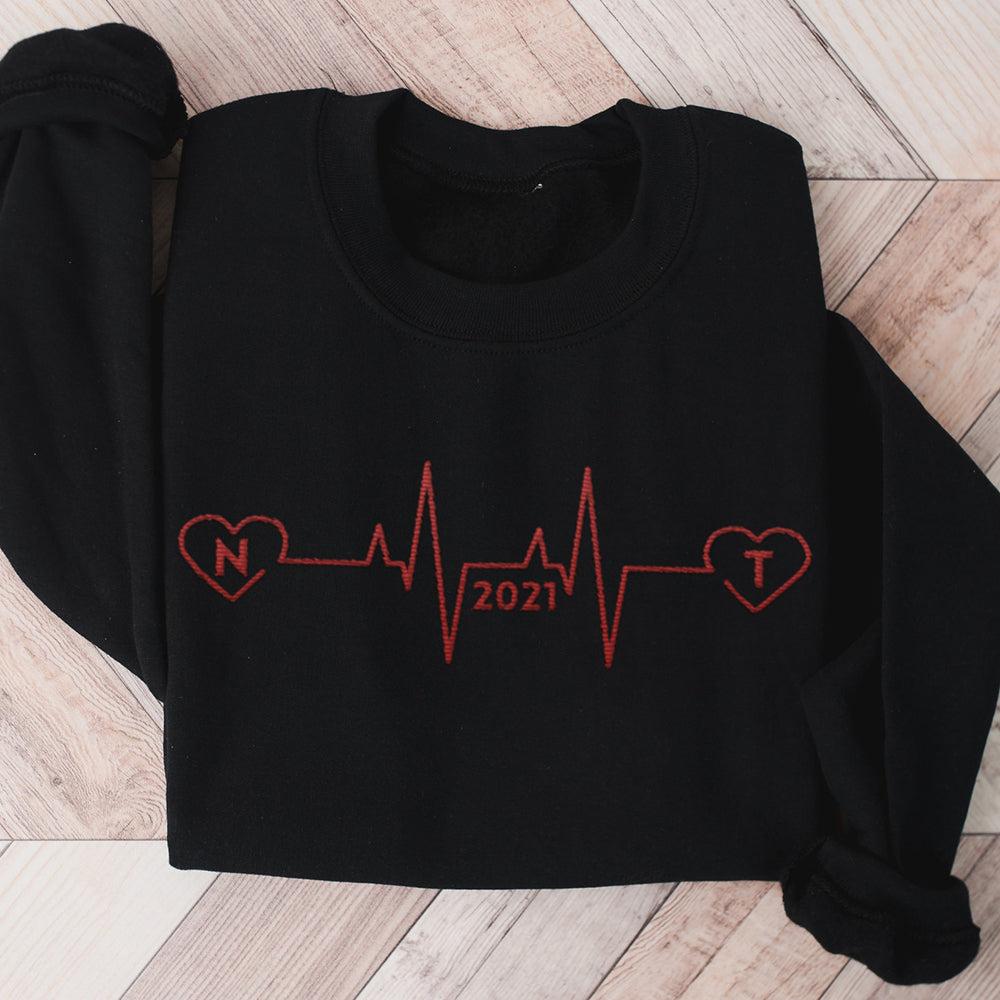 Custom Embroidered Heartbeat Sweatshirt with Initials and Year