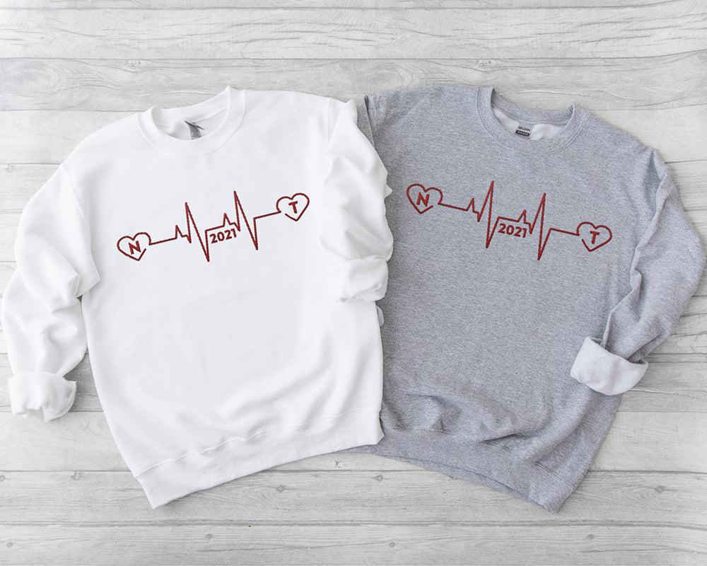 Custom Embroidered Heartbeat Sweatshirt with Initials and Year