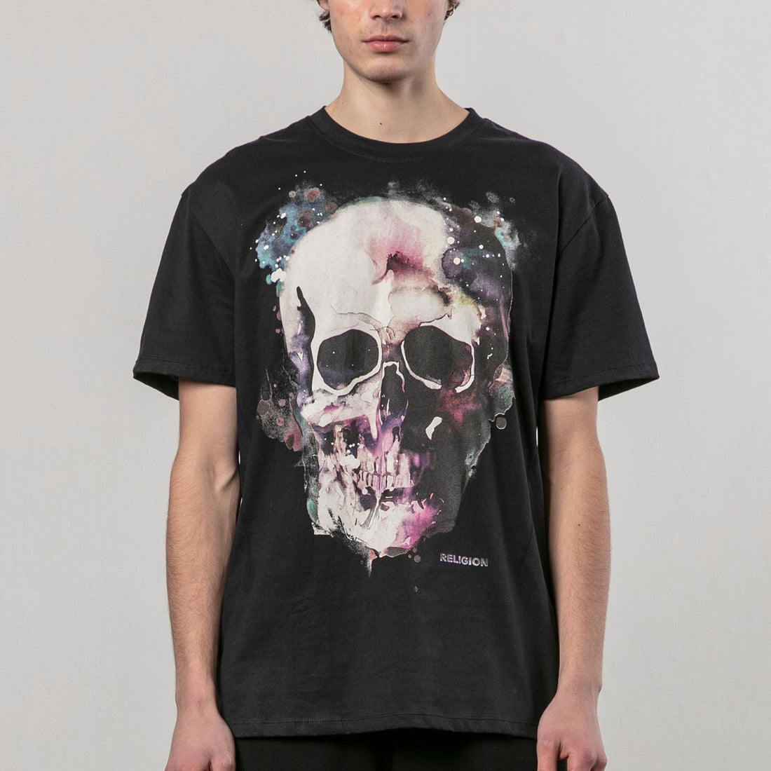 Religion Black Watercolour Skull 100% Cotton T-Shirt