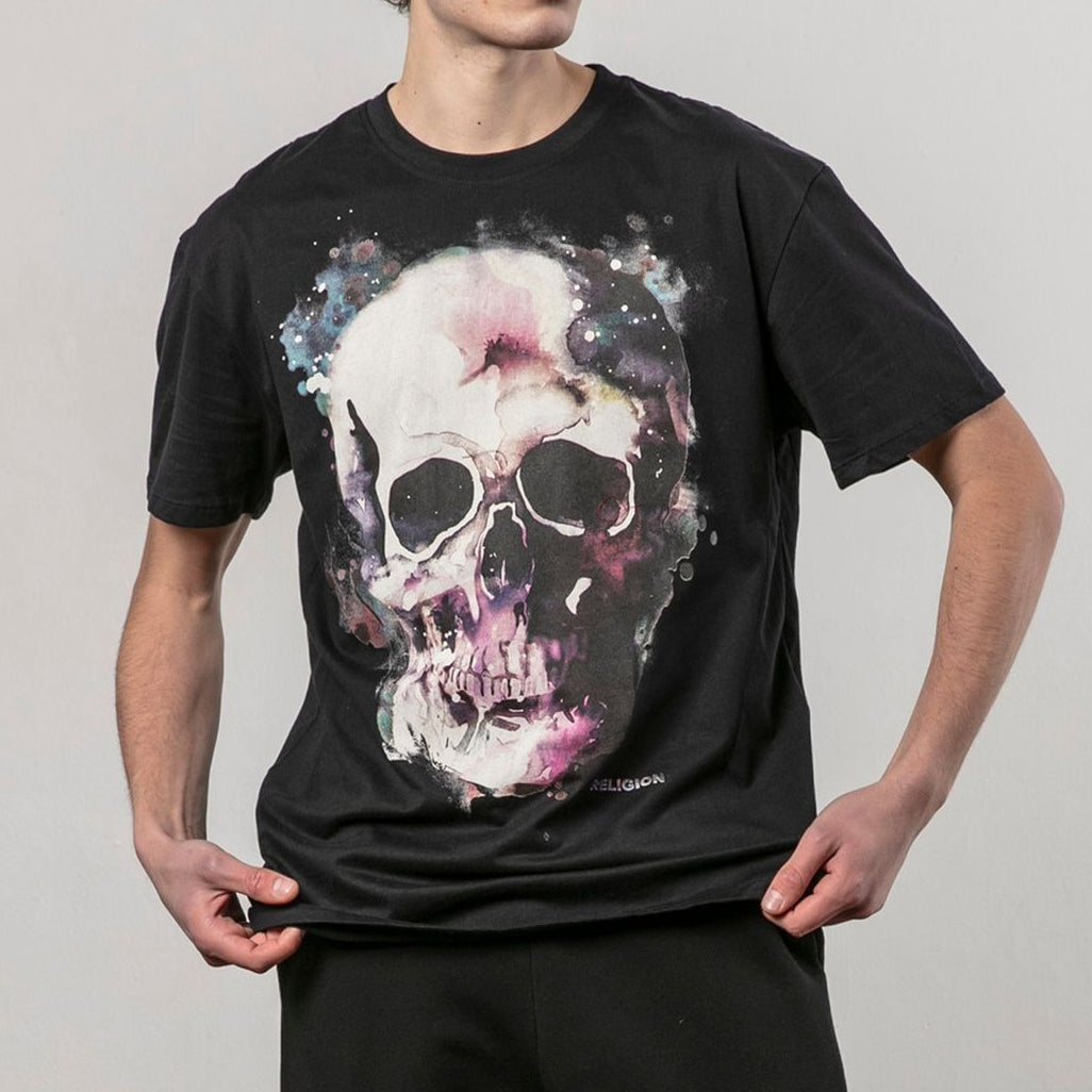 Religion Black Watercolour Skull 100% Cotton T-Shirt