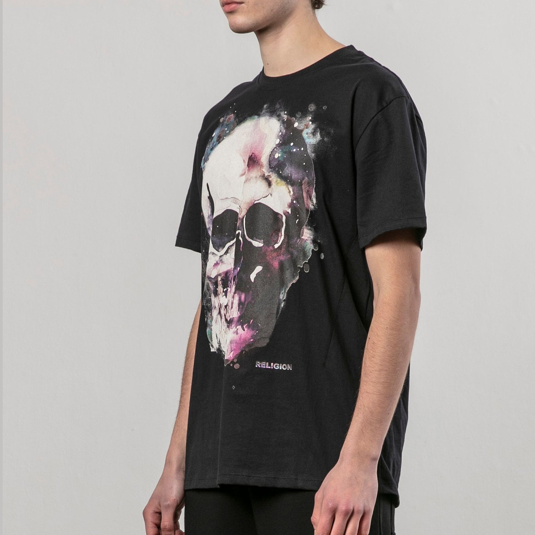 Religion Black Watercolour Skull 100% Cotton T-Shirt