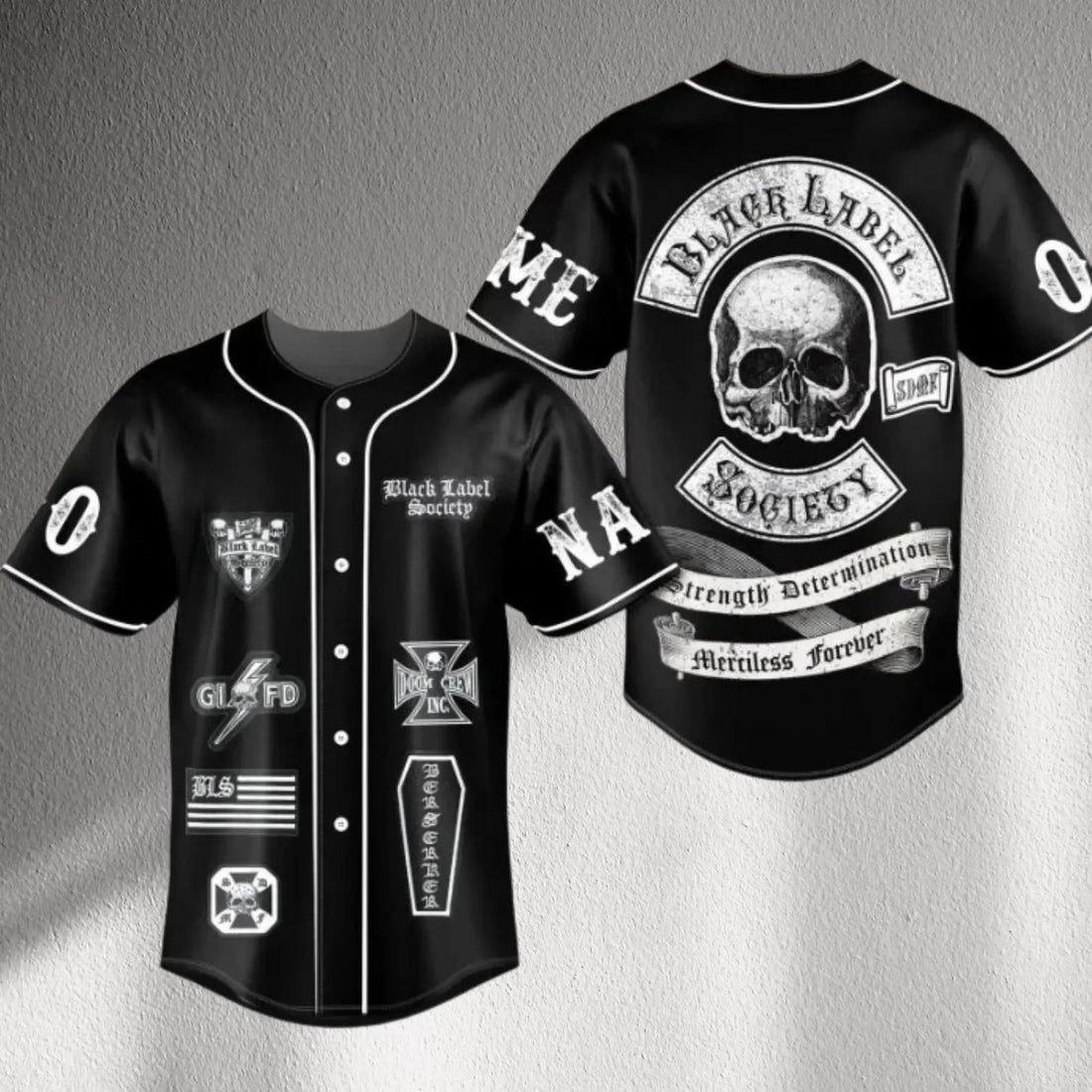 Rock Biker Skull Baseball Jersey – Black Button-Up with Patch Graphics