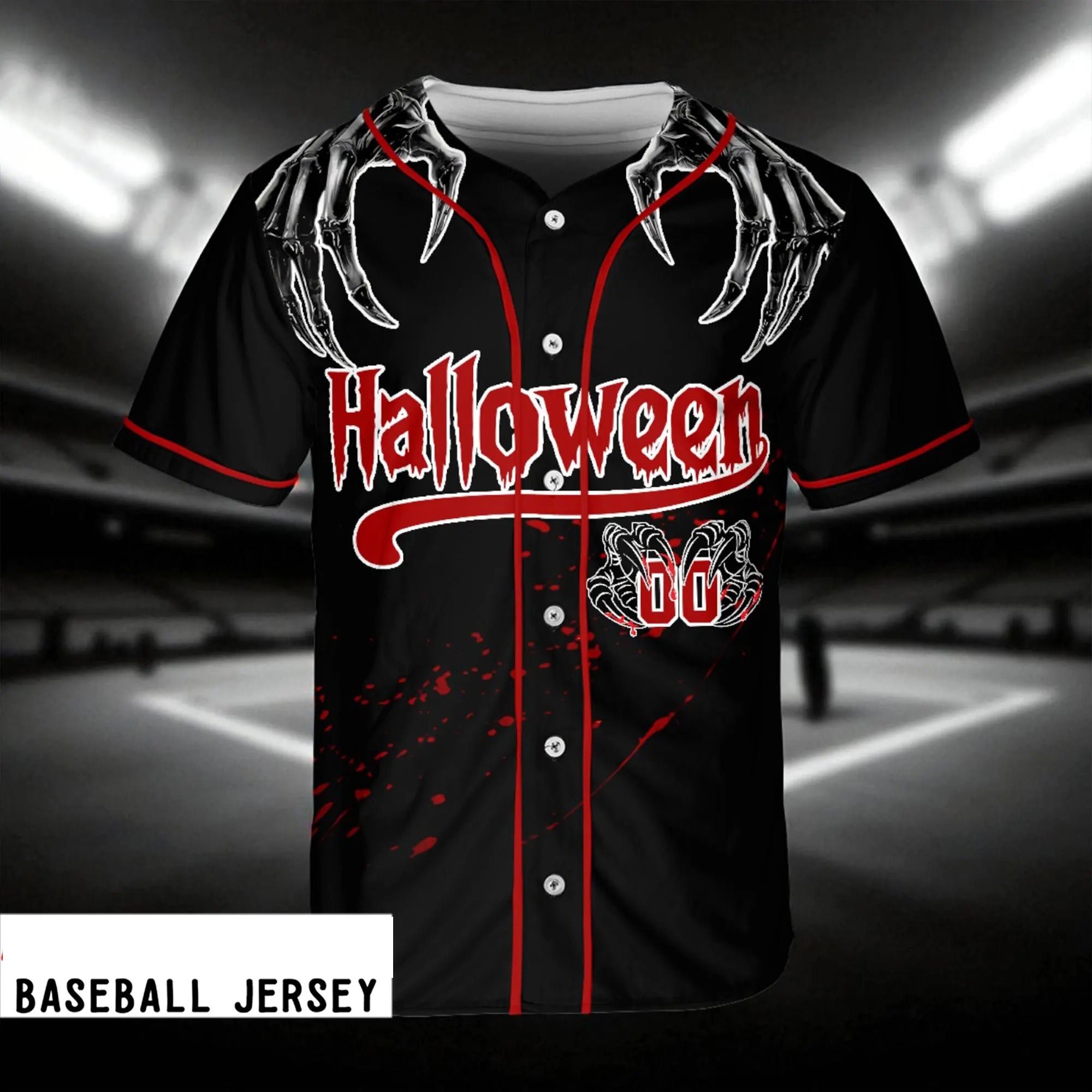 Skeleton Hand Halloween Baseball Jersey, Custom Name Number Bloody Red Black Jersey, Spooky Horror Costume Shirt,Halloween Jersey Shirt