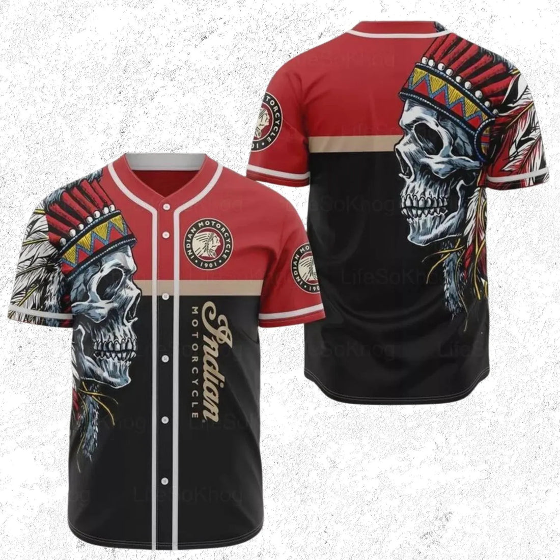 Biker Skull Feather Headpiece Baseball Jersey | Red & Black Button-Up