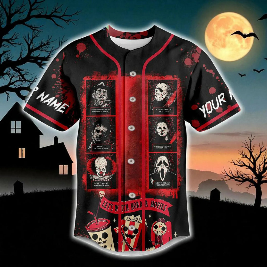 Halloween Baseball Jersey, Horror Movie Shirt, Creepy Costume Top, Spooky Party Outfit, Custom Name Sleeve Scary Jersey