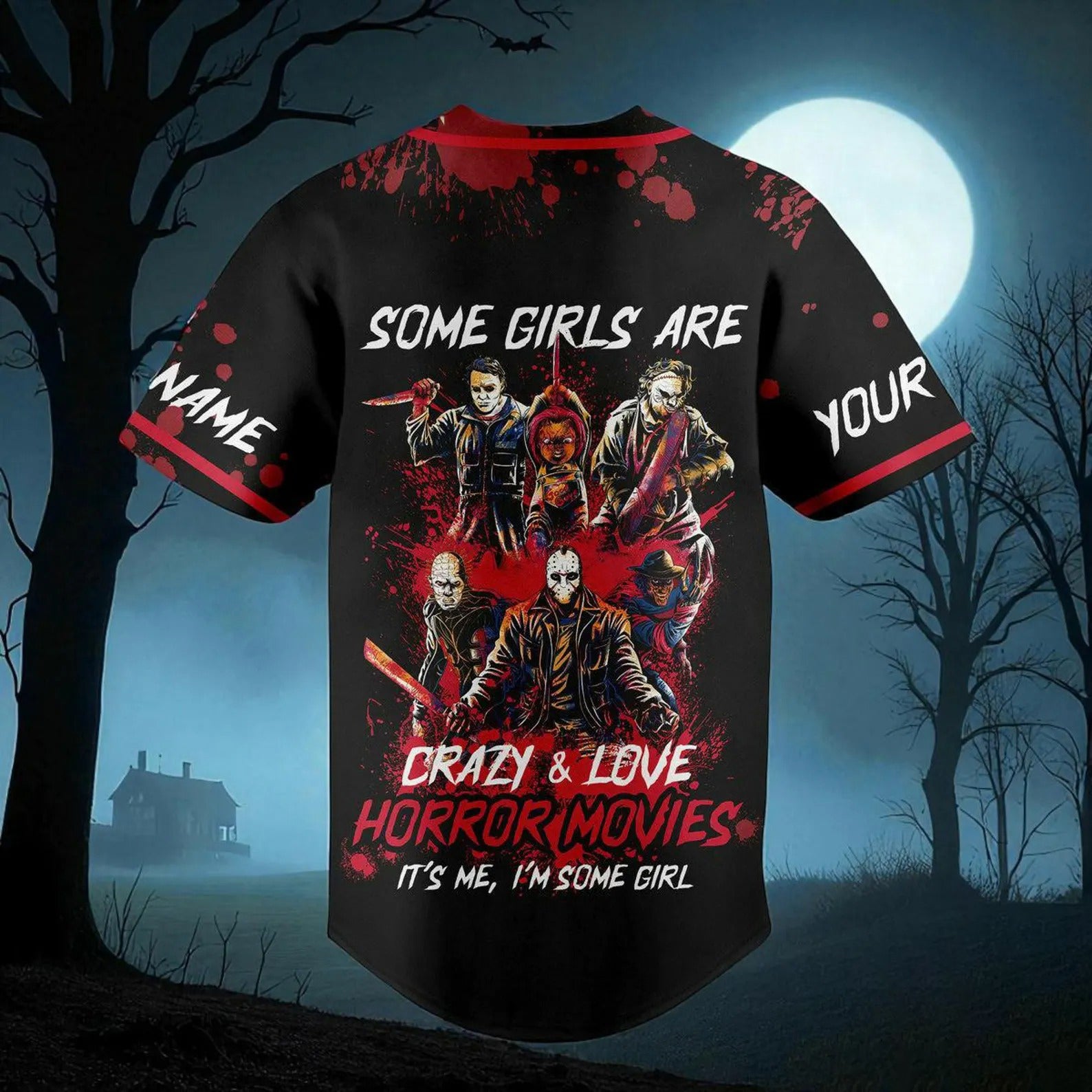 Halloween Baseball Jersey, Horror Movie Shirt, Creepy Costume Top, Spooky Party Outfit, Custom Name Sleeve Scary Jersey