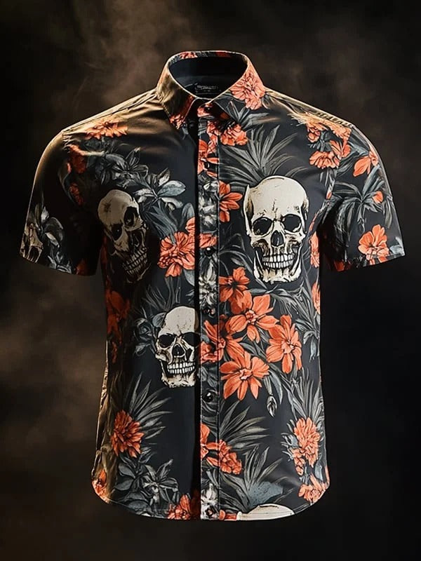 Men's Vintage Skull and Floral Short Sleeve Shirt