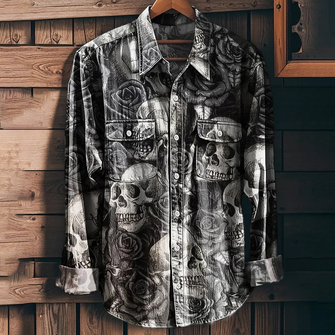 Men's Vintage Black And White Skull and Rose Pattern Workwear Pocket Long Sleeve Shirt