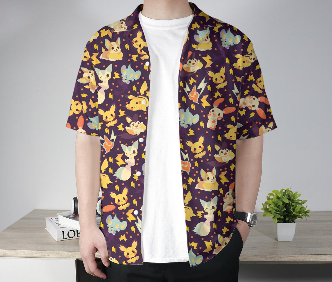 Pikachu Hawaiian Shirt Tropical Button Up Shirt Chibi Summer Pachirisu Hawaiian Shirt Tropical Hawaii Set Pikachu Shirt Gifts