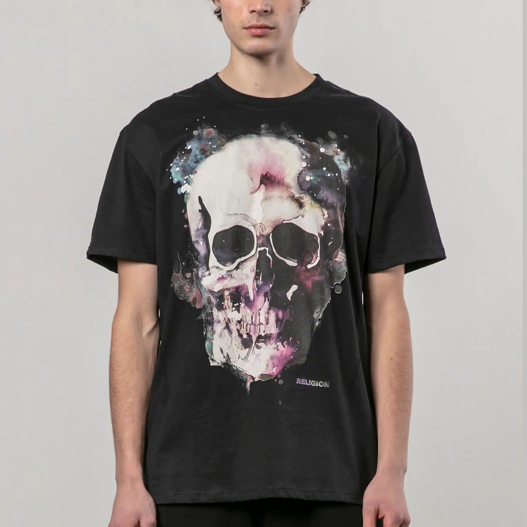 Religion Black Watercolour Skull 100% Cotton T-Shirt
