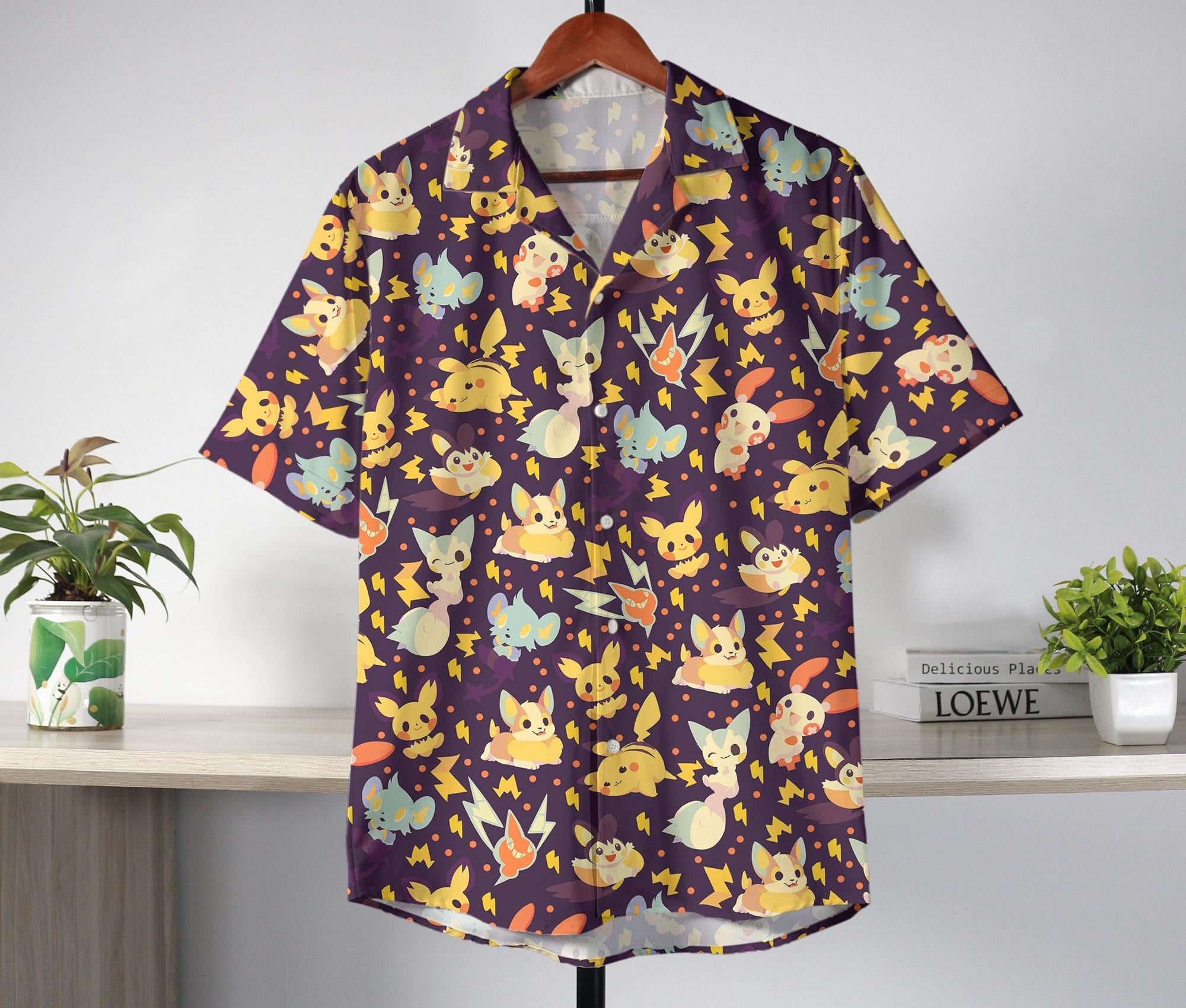Pikachu Hawaiian Shirt Tropical Button Up Shirt Chibi Summer Pachirisu Hawaiian Shirt Tropical Hawaii Set Pikachu Shirt Gifts