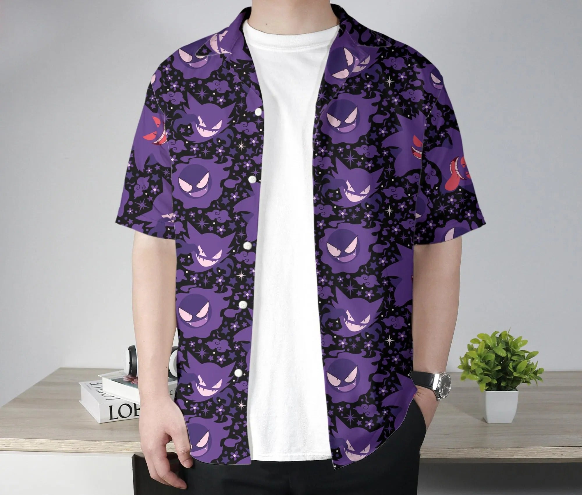 Gengar Hawaiian Shirt Tropical Button Up Shirt Summer Hawaiian Short Tropical Hawaii Set Gengar Shirt Gifts
