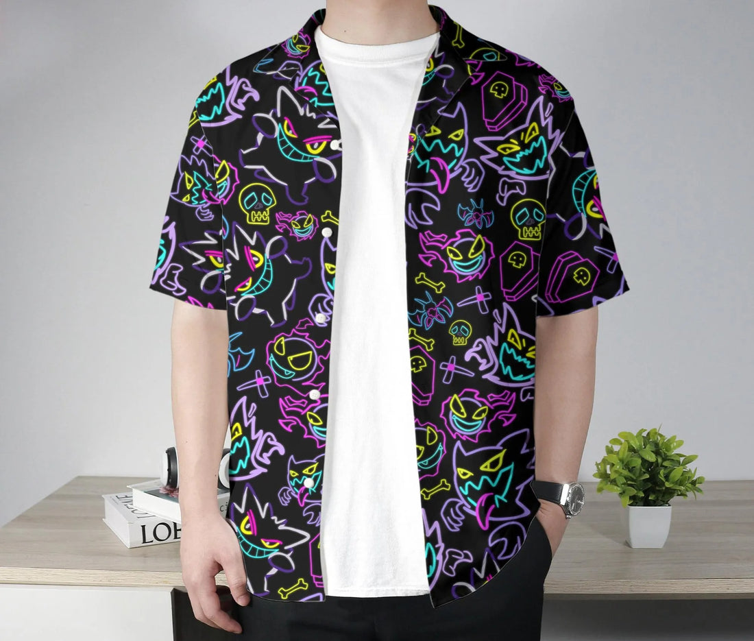 Gengar Hawaiian Shirt Tropical Button Up Shirt Summer Hawaiian Short Unisex Hawaii Set Neon Gengar Shirt Gifts