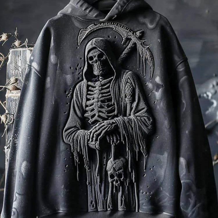 Reaper Skull 3D Graphic Halloween Print Hooded Sweatshirt