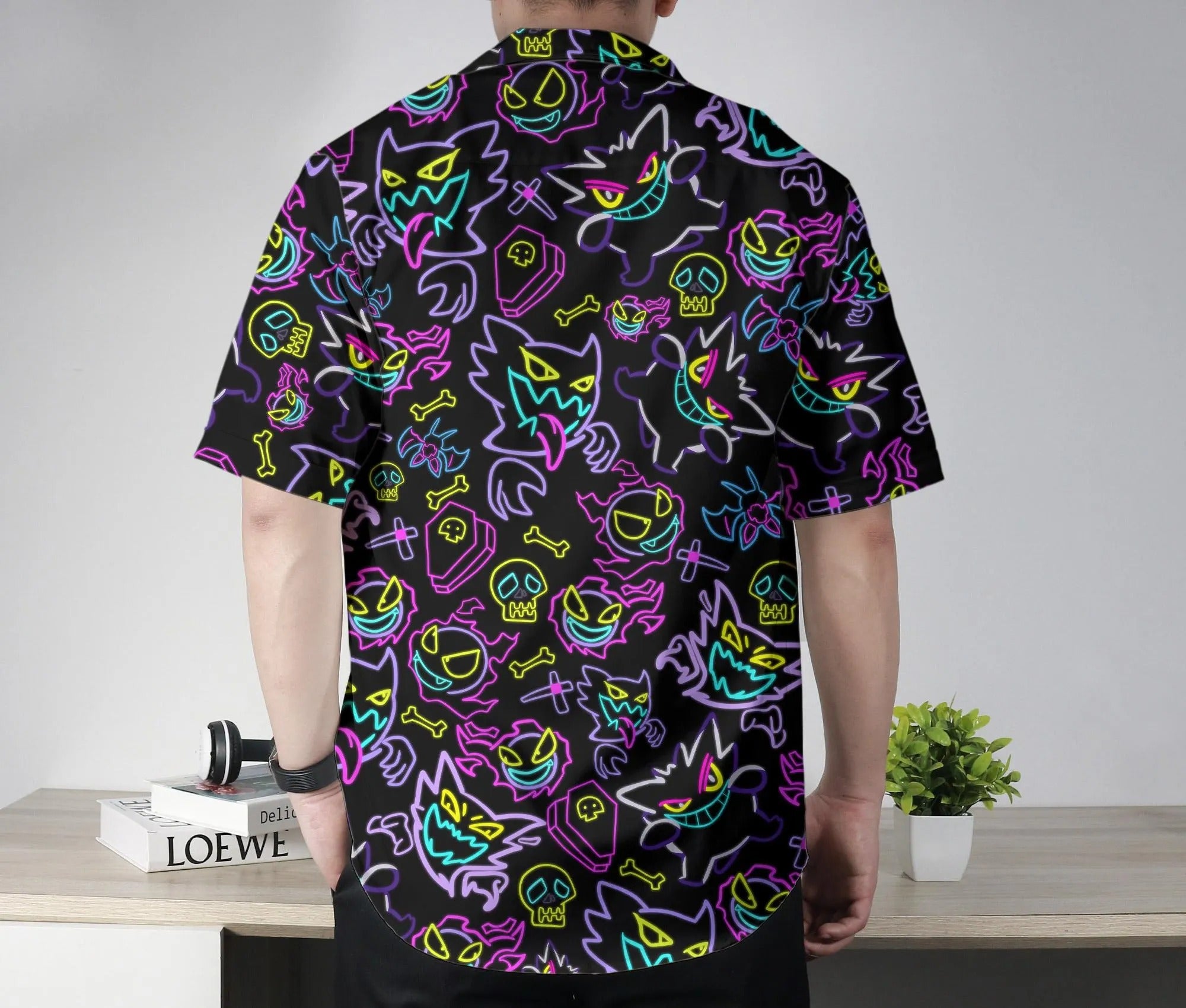 Gengar Hawaiian Shirt Tropical Button Up Shirt Summer Hawaiian Short Unisex Hawaii Set Neon Gengar Shirt Gifts