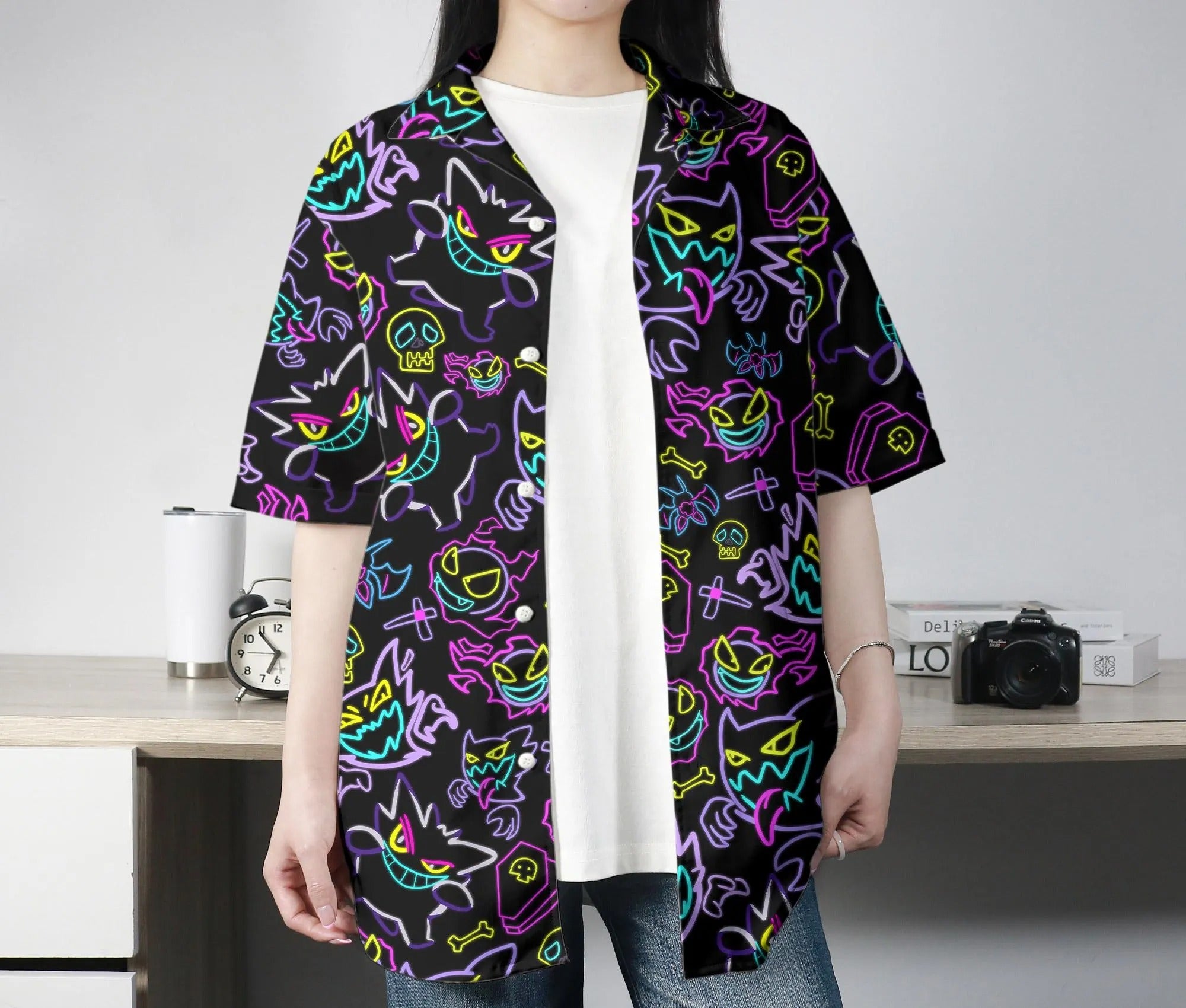 Gengar Hawaiian Shirt Tropical Button Up Shirt Summer Hawaiian Short Unisex Hawaii Set Neon Gengar Shirt Gifts