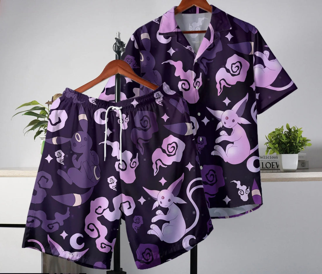 Umbreon Hawaiian Shirt Espeon Hawaii Set Tropical Button Up Shirt Summer Hawaiian Short Umbreon Shirt Gifts