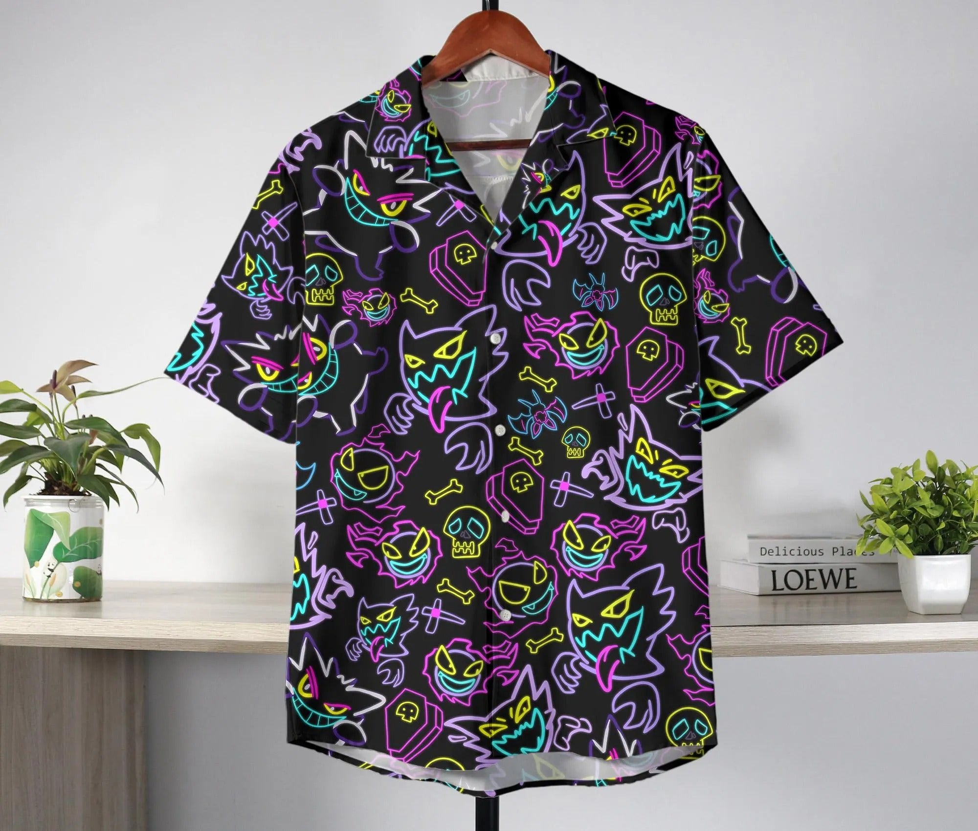 Gengar Hawaiian Shirt Tropical Button Up Shirt Summer Hawaiian Short Unisex Hawaii Set Neon Gengar Shirt Gifts