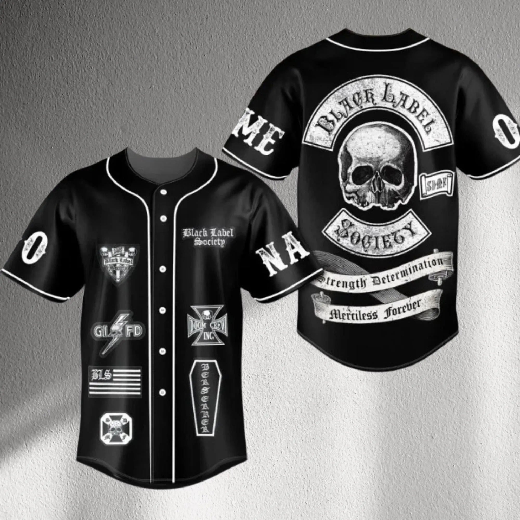 Rock Biker Skull Baseball Jersey – Black Button-Up with Patch Graphics