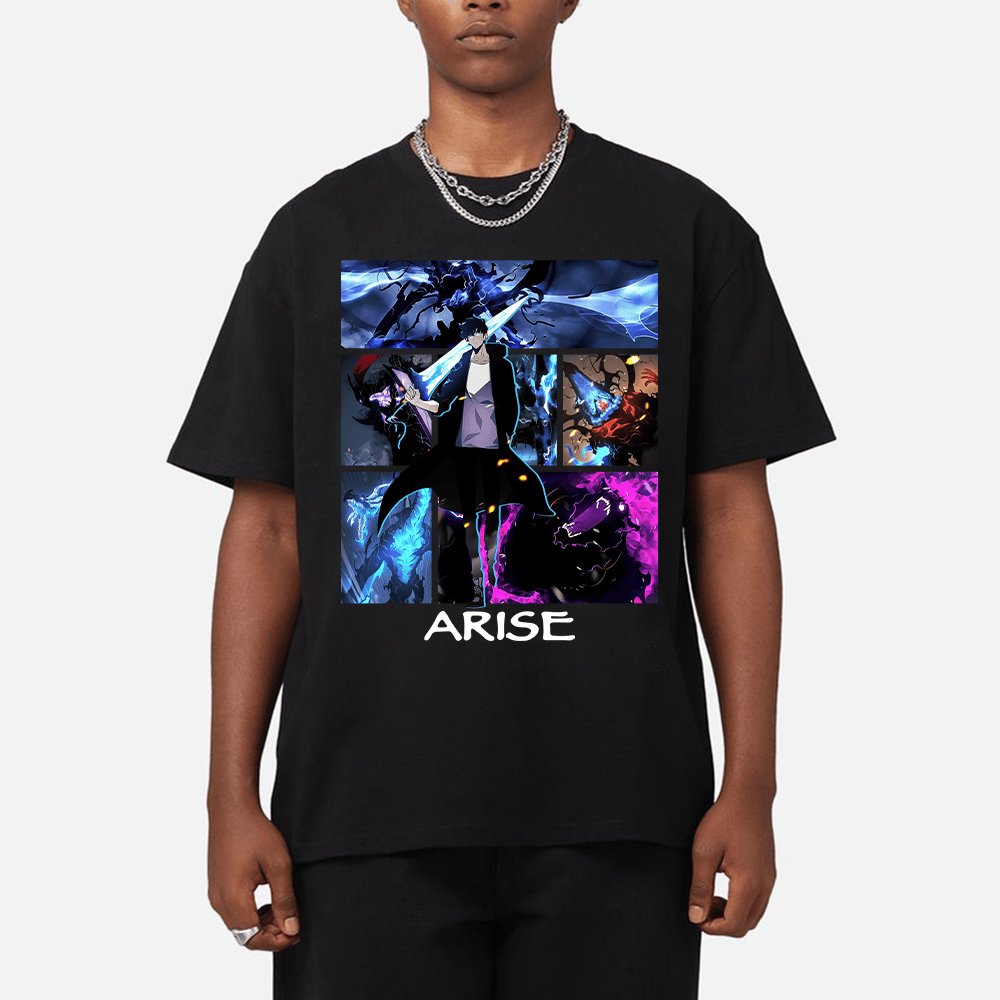 Men Black Anime Solo Leveling Sung Jinwoo Cotton All Sizes T-shirt, Anime shirt