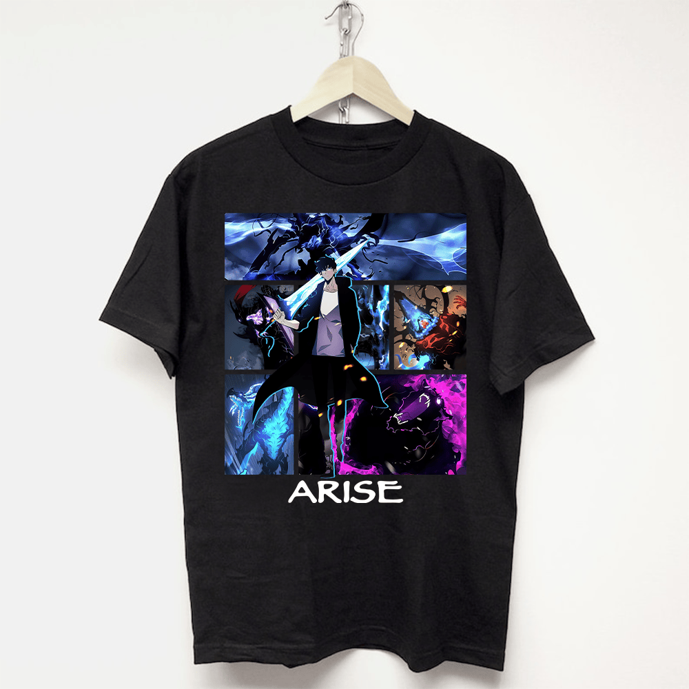 Men Black Anime Solo Leveling Sung Jinwoo Cotton All Sizes T-shirt, Anime shirt
