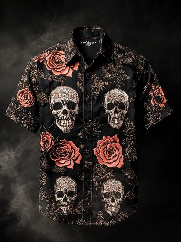 Men's Vintage Skull and Floral Short Sleeve Shirt