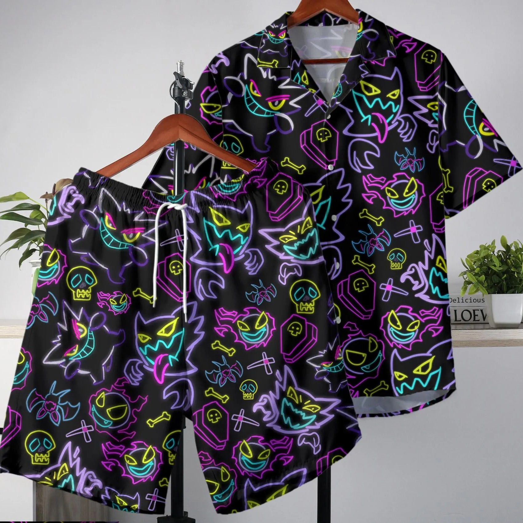 Gengar Hawaiian Shirt Tropical Button Up Shirt Summer Hawaiian Short Unisex Hawaii Set Neon Gengar Shirt Gifts